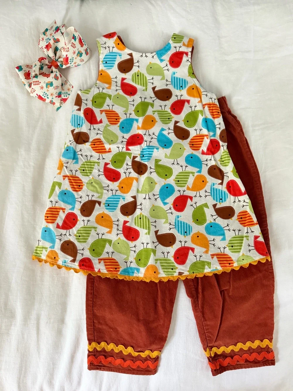 Mulberry St. Corduroy Reversible Set w Bow - Wee Ones, Fall, Birds, Ric rac